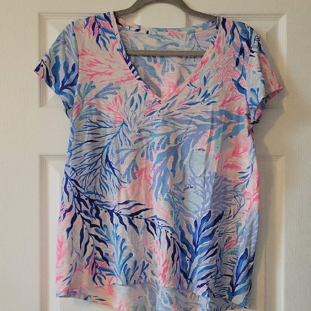 Lilly Pulitzer Blue and Pink Coral Print V-Neck Top